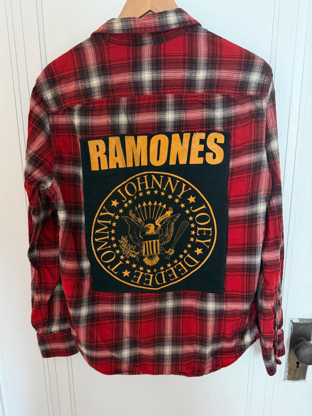 Unisex American Eagle Ramones up cycled Red Plaid Patch Back Flannel Shirt